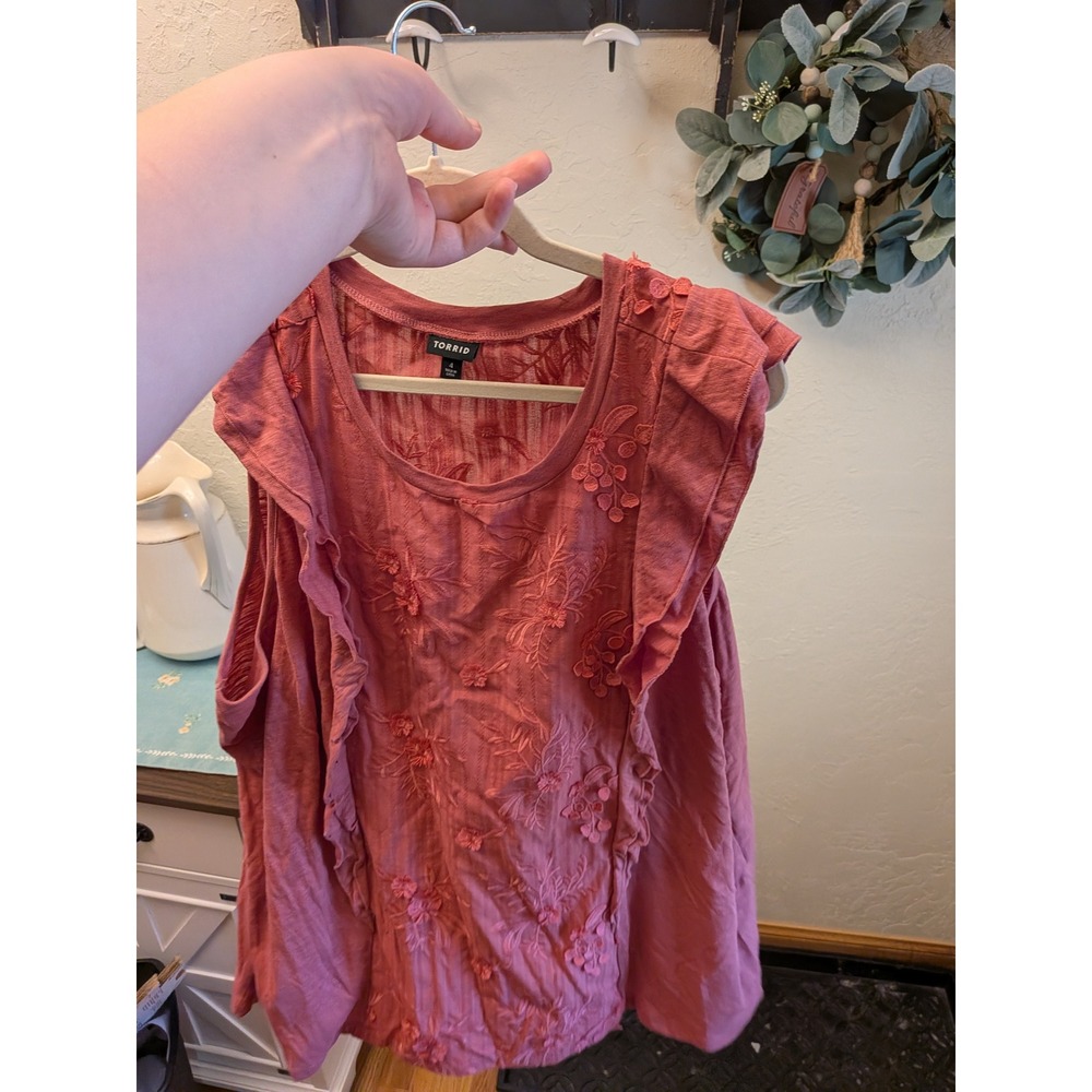 Torrid‎ Womens Plus 4 Embroidered Ruffle  Sleeve Pointelle Blouse Rose Pink